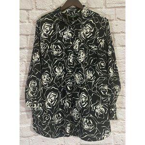 LRL Ralph‎ Lauren 2X Black White Floral Print Long Sleeve Tunic Blouse Top 9295